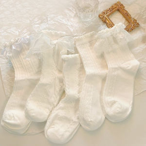 5 Pairs Lolita Socks White Bow Lace Socks Middle Tube Japanese College Style Princess Socks Sweet JK Streetwear Hosiery