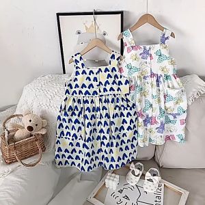 2-7 years old Children Kids Cotton Linen Cute Teddy Bear Print Girl Two-Way Sleeveless Summer Dress