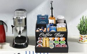 2-Tier Coffee Pod Holder Coffee Station Organizer Coffee Bar Organizer Wood Coffee Storage Rack Countertop Organizer Stand Cup Storage Drawer for Accessories Organizer