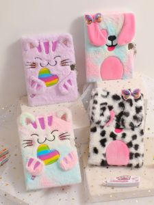 Cute Cartoon Cat Lockable Notebook Furry Writing Diary Book Childrens Gift Book Primary School Students Middle School Students High School Students