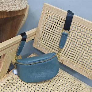 Blue Calfskin Leather Crossbody Womens Chest Bag Simple Brand Ladies Waist Bag Casual Style Zipper Closure Dumpling Shape