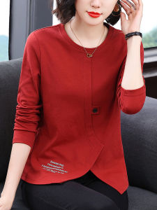 Red Asymmetrical Long Sleeve Cotton T-Shirt Womens Spring Autumn Middle-Aged Mommy Style Pure Cotton Versatile Top