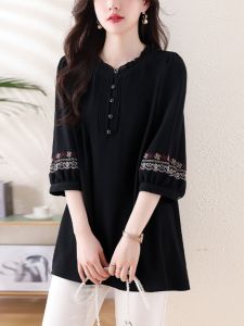 Womens Loose Fitting Embroidered Shirt Cover Belly Casual Style Korean Version plus Size up to 200 Pounds Summer Autumn