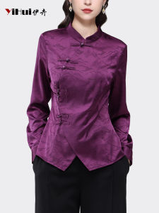 Retro Chinese Style Long Sleeve Womens Shirt Design Sense Fashion Satin Button up Top for Autumn Wear Poly Fiber 100%