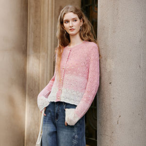 XIANGYING | Áo Cardigan Len Pha Nữ Màu Hồng Degrade Thêu Rỗng