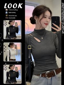 Warming Semi-high Collar Hollow-out Brushed Fabric Long Sleeve Top Womens Undershirt for Spring 2026