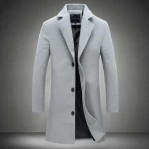 Áo Khoác Gió Nam Dáng Ôm Chất Liệu Cotton Pha Len Phong Cách Thời Trang Công Sở Màu Trơn Cổ Trụ Cài Khuy Đơn.