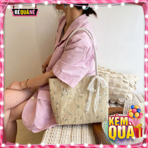 Túi Cói Dáng Vuông Lớn Thêu Nhánh Hoa Kèm Dây Thắt Nơ RQN2154 - requane
