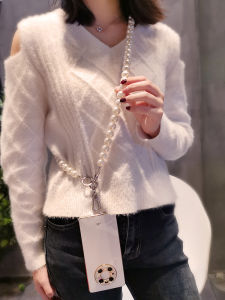 Long Pearl Woven Mobile Phone Lanyard Crossbody Durable Womens Style Detachable Clasp Phone Case Clip Universal Non-choking
