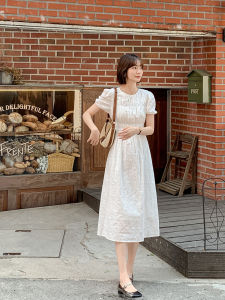 Stylish Simple White Embroidered Dress French Style Long Skirt Commute Korean Version Natural Waist Cotton Short Sleeve