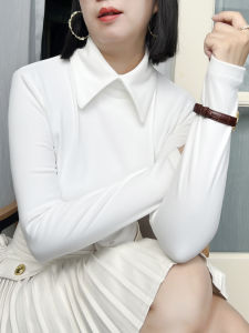 Womens Polo Collar Double-sided Fleece Lined Base Shirt Inner Wear Thick Stylish White High End Commute Korean Style Slim Fit