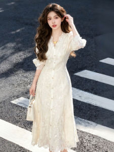CHANGTONG | Elegant V-Neck Lace Waist-Cinching Dress
