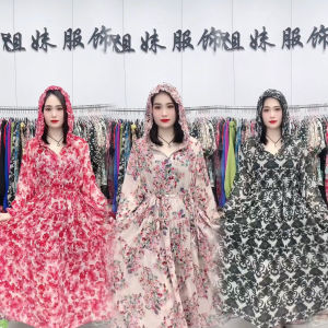 Summer New Style Womens Loose Casual Floral Print Chiffon Dress High Waist A-Line Skirt Short Sleeve V-Neck Comfortable Dress