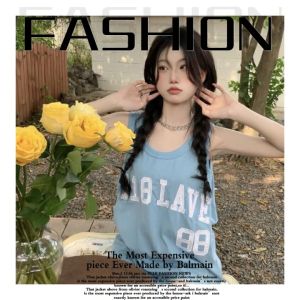 Tsion สีฟ้า สูงสำหรับหญิงใหม่ เสื้อแขนกุดลำลอง พิมพ์ลายตัวบรรยาย กีฬาที่เหมาะกับสไตล์เสื้อ สาว แมทช์เท่ ราคาถูกแบบจึงเวอร์