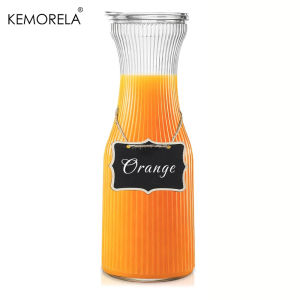 1L Ribbed Glass Carafe with Lid  1/2PCS Juice Carafe for Bar Parties Cold Brew Coffee Milk Iced Tea Lemonade  2 Chalkboard Label