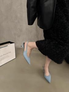 French Pointed Toe Thin Heel Sandals Womens Shoes Fairy Single Shoes Summer Denim Wrapped Head Cat Heel Mule High Heels
