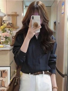 เสื้อเชิ้ตผู้หญิงแขนยาวสีดำ ทรงหลวม สไตล์เกาหลี เสื้อผ้าทำงานฤดูใบไม้ร่วง/ฤดูหนาว ดูหรูหรา ป้องกันความร้อน
