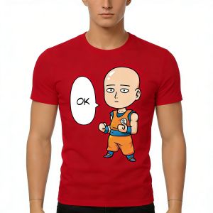 Bandai | Mens One Punch Man Anime T-Shirt Red Cotton Saitama OK Text Bubble Graphic Tee for Casual Otaku Daily Campus Home Wear