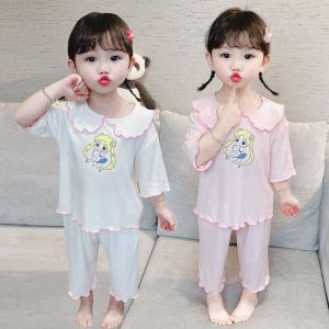 Girls Ice Lụa Đồ Ngủ Mùa Hè Mỏng Bảy Tay Phong Cách Công Chúa Quần Áo Gia Đình Bộ Đồ Điều Hòa Không Khí Quần Áo Gia Đình Trẻ Em