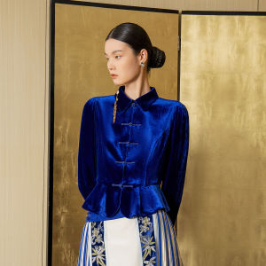 Velvet New Chinese Style Mandarin Collar Cinched Waist Blouse