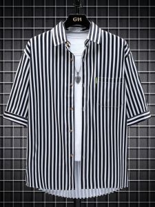 Fancy Vertical Striped Short-Sleeved Shirt Mens Japanese Fashion Brand Handsome Jacket Summer Student Color Matching Casual Shirt