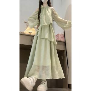 LIRUSHAN | Petite Green Off-Shoulder Halter Dress