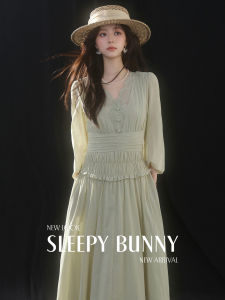 Lace Splicing V-Neck Two-Piece Style Long Sleeve Summer Dress