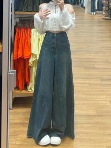 Quần Ống Rộng Cạp Cao Cho Nữ Mùa Xuân Thu Mới Thiết Kế Viền Lông Cừu Đa Năng Rộng Rãi Thon Gọn Quần Ống Rộng Dài