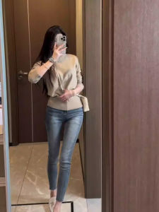 High Waist Blue Grey Korean Style Womens Jeans Elastic Slimming Tightening Washed Nine Points Pencil Skirt Style Trousers