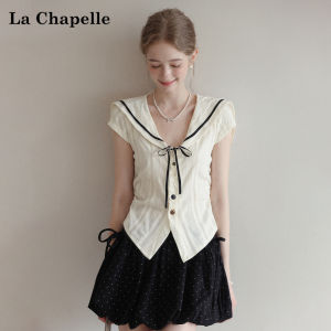 La Chapelle | Navy Collar Short Sleeve Tie Lace Hollow Out Waist Shaping Shirt