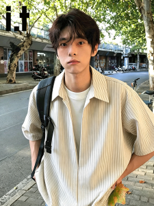 izzue | Khaki Striped Short Sleeve Shirt For Men Summer Light Breathable