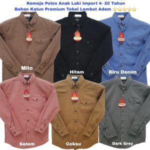 Kemeja Polos Panjang Anak Laki Import 5-20Tahun Hem Katun Remaja Tanggung Coklat Milo Salem Biru denim Hitam