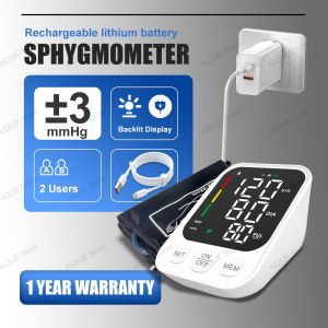 AiQUE Charging LED Backlit Upper Arm BP Monitor Blood Pressure Monitor 2 Users Medical Tonometer Cuff Digital Irregular Pulse