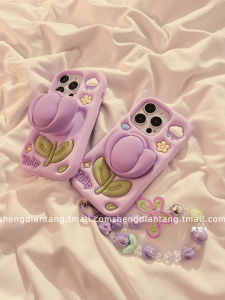 Korean Style Tulip Stand Silicone Phone Case for Apple 16 pro Max iPhone 16 New Model 15 3D Creative 14 Unique Female Model 15 pro Max Soft Silicone Protective Case Chain