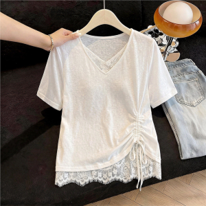 SHIMANQING | Lace Trim Regular Fit Plus Size Short Sleeve T-Shirt for Summer