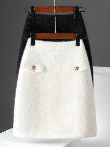 High Waist A-Line Mini Skirt Womens Knitted Mink Velvet Commute Korean Style Short Skirt Elastic Waist Versatile Autumn Winter