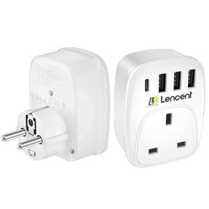 LENCENET Singapore to Europe Plug Adapter Grounded EU Travel Adapter with 3 USB Ports and 1 Type C Port for Germany Spain France Portugal Greece Russia Netherlands Turkey and More (Type E/F)