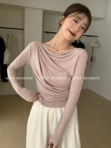 Pink Long Sleeve Womens T-shirt Waist-Cinching Vintage INS Atmosphere Unique Swing Collar Elegant Thin Shirt Early Autumn New Style