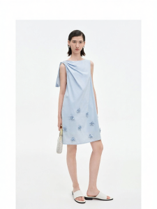 Pinched Fold Floral Embroidery Tencel Cotton Dress