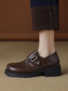 Euchetti Thick Heel Loafers Womens Genuine Leather round Toe Retro British Style Small Leather Shoes Belt Buckle High Heel Single Shoes
