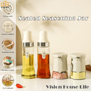 Vision Sealed Seasoning Can Spice Jar with Built in Spoon 500ml Auto Flip Cap Oil Dispenser Kitchen Integrated Sugar Salt Pepper MSG Seasoning Pot Moisture-Proof Gravity Automatic Oil Vinegar Soy Sauce Glass Bottle Leakproof