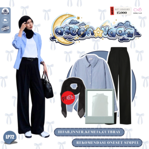 INFINITY -  Oneset Wanita Kekinian | Bella Square HitamInner Manset Putih  Kemeja Salur Crop Top BiruOro Pants Hitam | Baju Setelan Wanita Kekinian -LP72