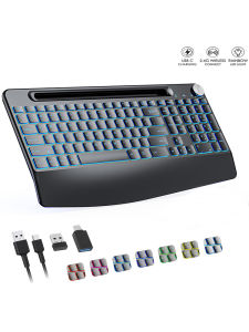 Wireless Keyboard with 7 Colored Backlits Wrist Rest Phone Holder Rechargeable Ergonomic Full Size Keyboard with Silent Keys