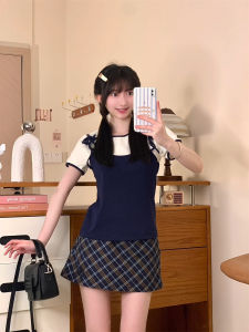 Aeolus Wind Butterfly Knot Strap Vest Fake Two-Piece Short Sleeve Womens Slim Fit Korean Style Color Block Cuff T-Shirt