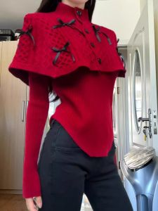 Christmas New Year Knitted Sweater Womens Style Half High Collar Red Cowl Neck Twist Yarn Fleece Winter Top Street Fashion