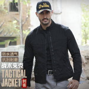 Tactical Jacket Mens Spring Autumn Stand Collar Slim Fit Outdoor Military Style Waterproof Wear Resistant Waist Cinched Top