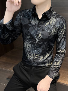 Mens Long Sleeve Floral Print Slim Fit Shirt Trendy Casual Breathable Polyester Cotton Blend Autumn Fashionable Shirt