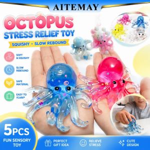 Aitemay Cute Glitter Octopus Squishy Stress Relief Ball - Slow Rebound Fidget Sensory Toy for Kids & Adults Portable Decompression Gift