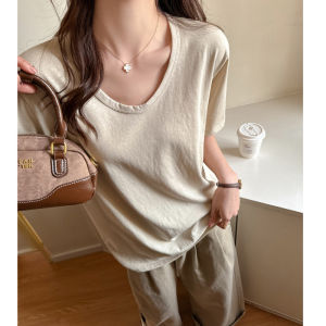 Miiow | Casual V-Neck Short Sleeve Womens T-Shirt Slim Fit Summer New Style Versatile Thin MiiOW Cat Person Basic Top Pure Color
