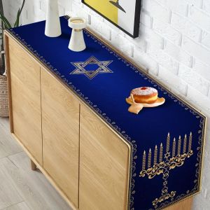 VIKAMA Hanukkah Table Runner Màu xanh/Vàng Menorah Ngôi Sao Của David In Hình Chữ Nhật Trang Trí Nhà Cửa Cho Ngày Lễ Của Người Do Thái